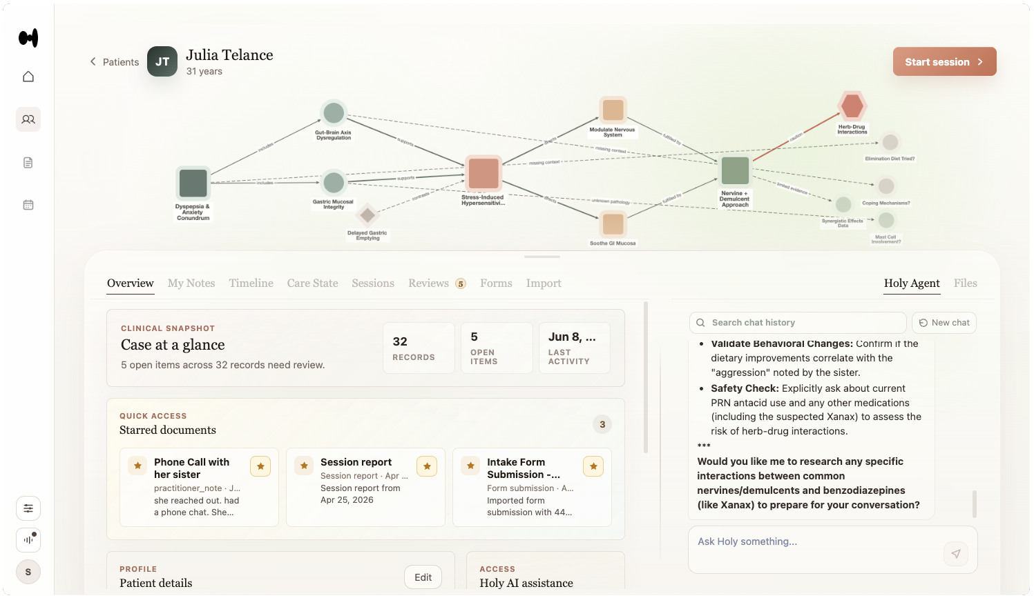 The Holiphy desktop app showing a patient case overview with connected clinical insights